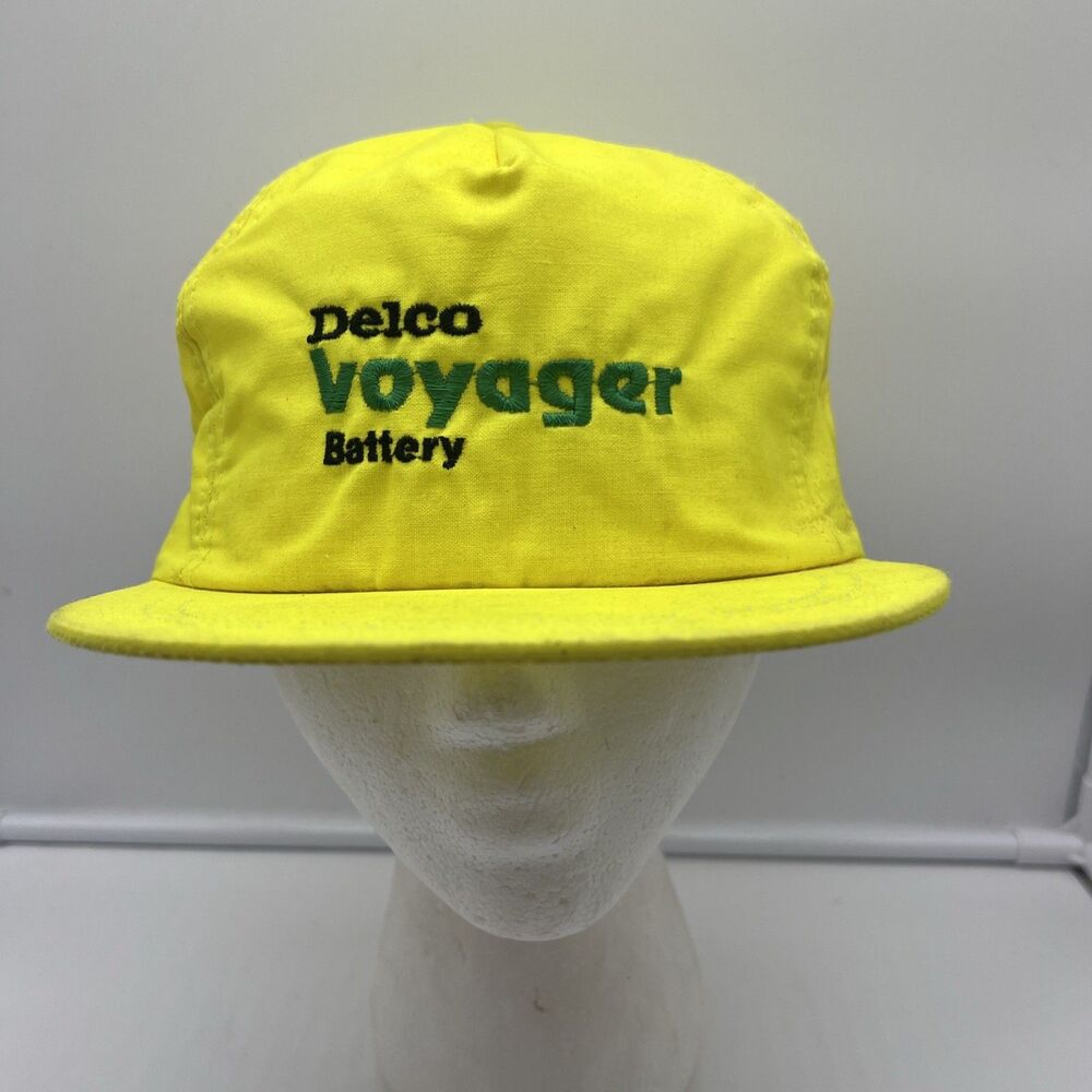 VINTAGE Delco Voyager Battery Hat Cap Snapback Highlighter Yellow Made In USA